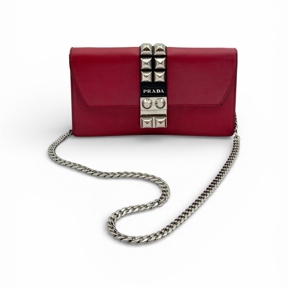 Prada Handbags - PRADA CITY CALF LEATHER ELEKTRA WALLET ON CHAIN – RED